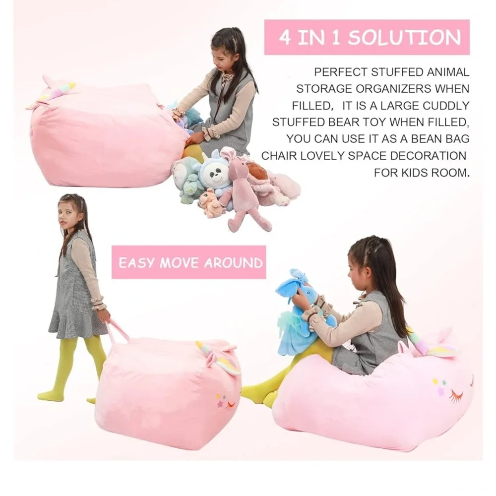 Pink Unicorn stuffed animal storage beanbag chair pink new organization cover